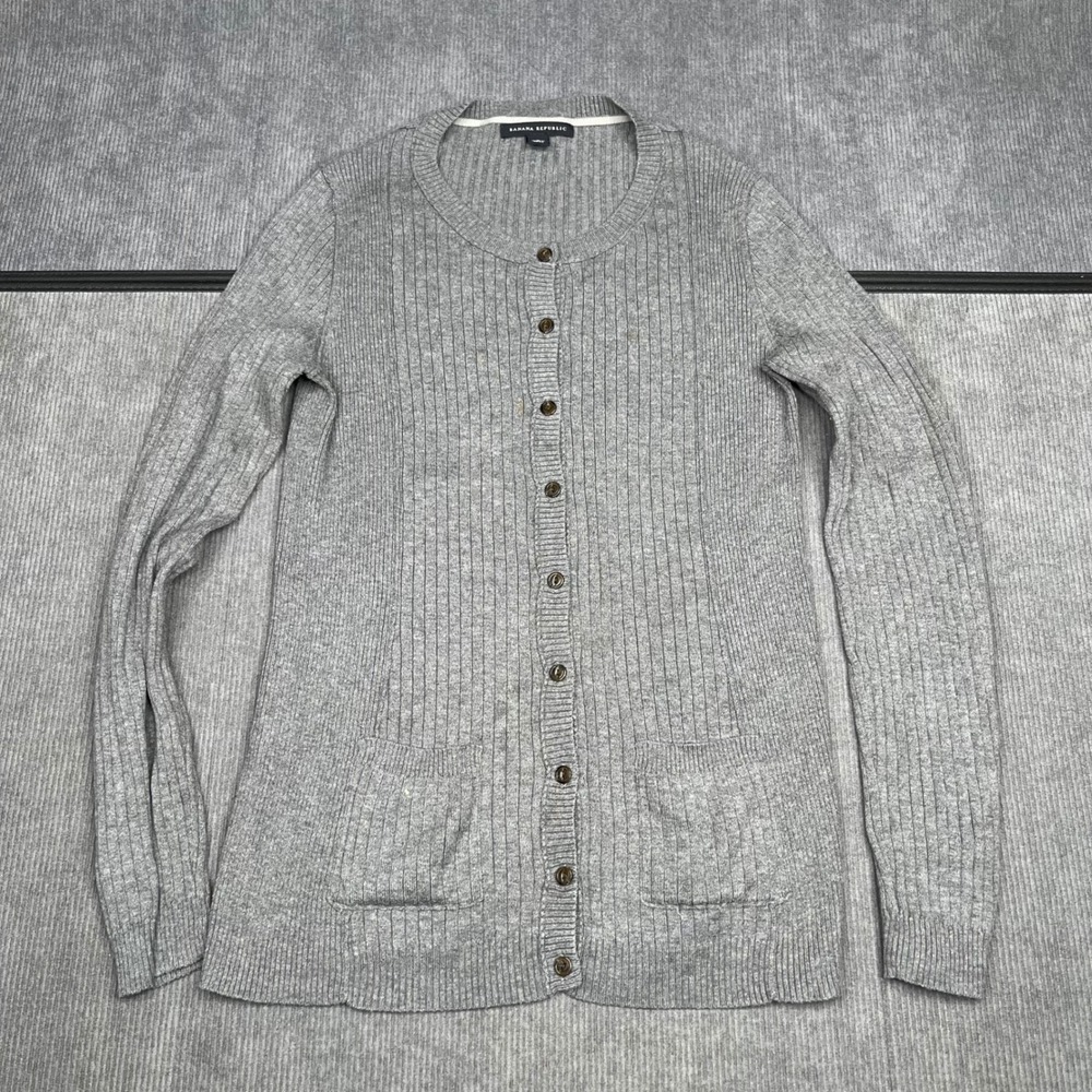 Vintage Banana Republic Womens Gray Ribbed Button Cardigan y2k Sweater S Pockets